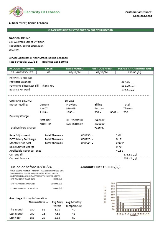 Lebanon Electricity of Lebanon business utility bill template in Word and PDF formats